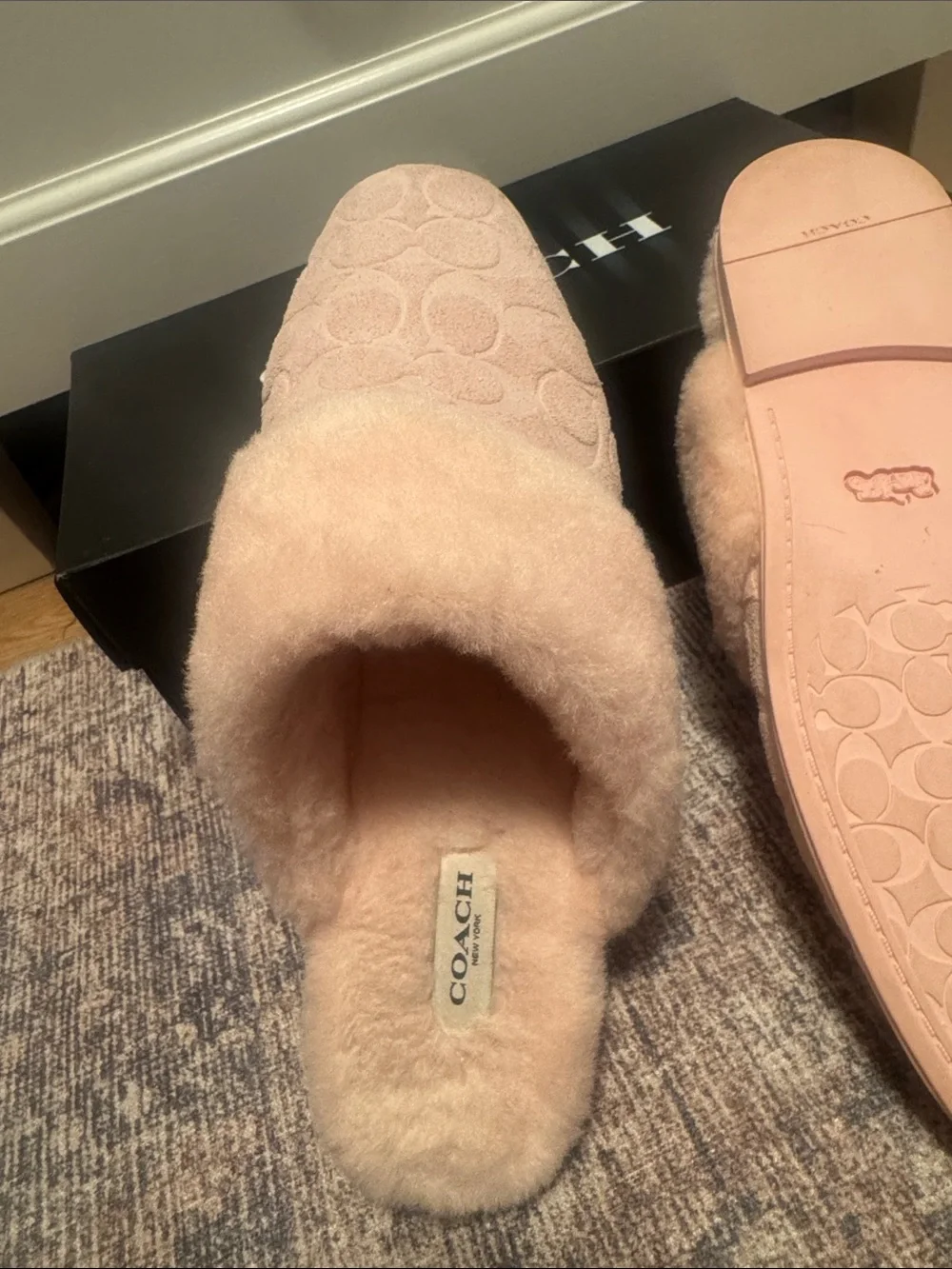 Coach Pink Plush Logo Slip-On Slippers